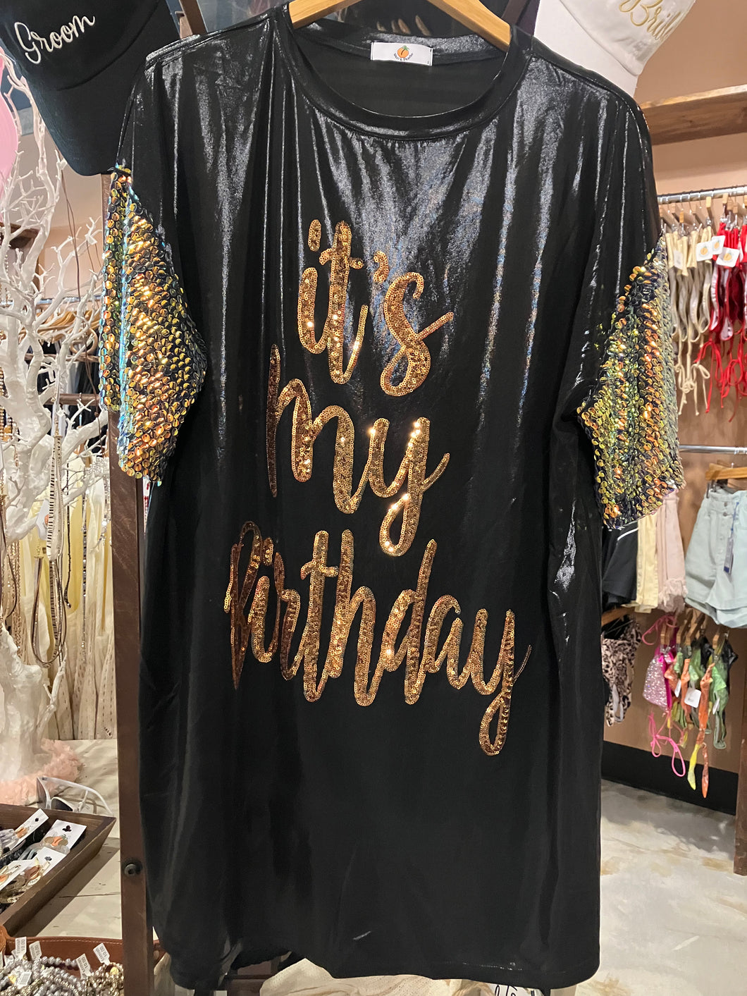 Foil Mini B-DAY Sequin Sleeve Shirt Dress