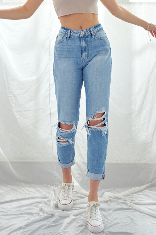 Folded Ripped Mom Jeans